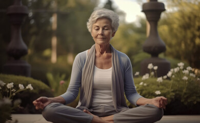 Female elderly doing yoga exercise in garden, Healthy lifestyle concept. - obrazy, fototapety, plakaty