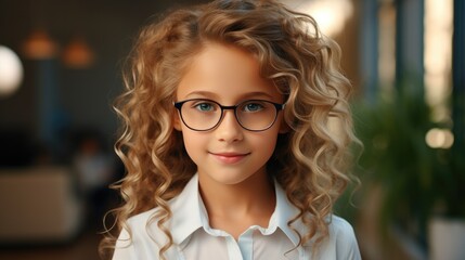 Smiling cute little girl with eyeglasses, Education, School and vision concept.