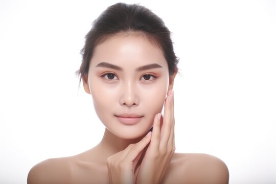 Young woman with natural makeup touching her face, Perfect Skin, Skincare, Young Skin, Easy to use for beauty.