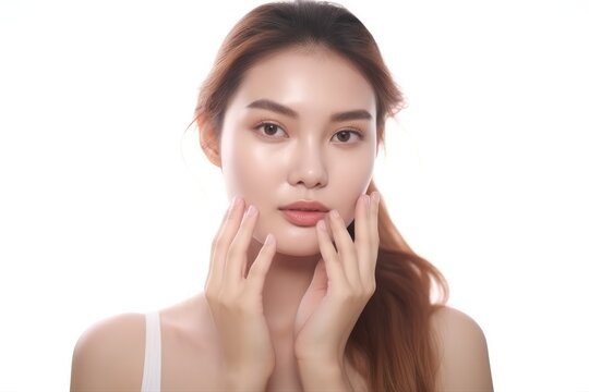 Young woman with natural makeup touching her face, Perfect Skin, Skincare, Young Skin, Easy to use for beauty.