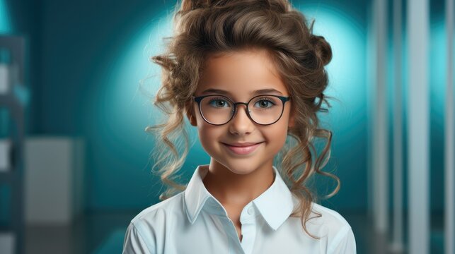 Smiling cute little girl with eyeglasses, Education, School and vision concept.