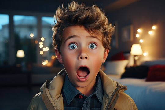 Surprised little boy with open mouth and big eyes, shocked surprised wow stunned expression to see something amazing.