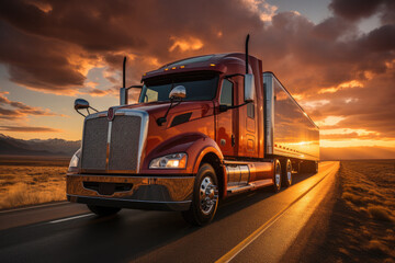 Semi truck on the road, A semi truck carrying vital freight to businesses and consumers drives along the highway during sunset.