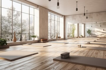 Yoga mat on natural wooden floor in empty room in fitness center, Modern yoga class room with nobody, Training, Fitness center interior. - obrazy, fototapety, plakaty