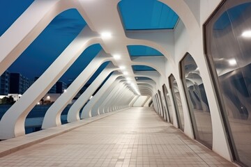 A long and wide corridor at night at architecture modern building.