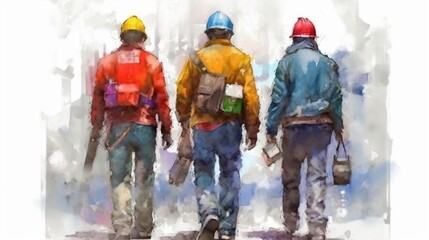A group of workman in watercolor style. Generative AI