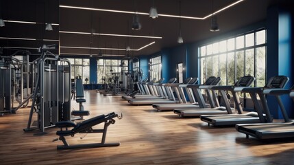 Fototapeta na wymiar Treadmill at modern gym, Gym interior with sport equipment, Equipment for cardio training.