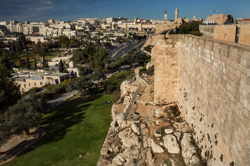 The New City of Jerusalem from the Armenian wall in the Ramparts Walk of the Old City 