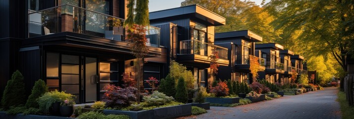 Modern townhouses, Design of urban living residences, Residential architecture exterior.