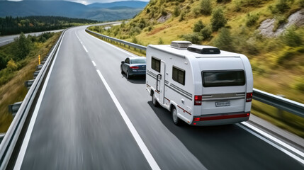 Car with caravan trailer on highway, Lifestyle travel adventure tourism trip journey concept. - obrazy, fototapety, plakaty