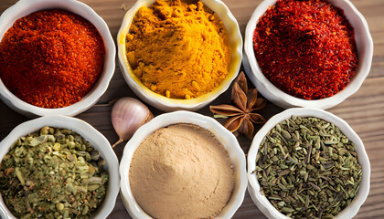 spices and herbs on white background, Colorful spices on wooden table, pepper, spices, curry, seasoning, AI generated