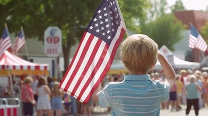 Boy salutes flags at Memorial Day display. Generative AI - obrazy, fototapety, plakaty