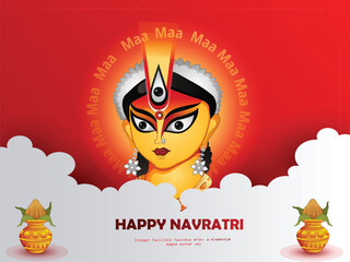 illustration of Goddess Durga Face For Happy Navratri, Couple Playing Garba and Dandiya in Navratri Celebration and Disco Night