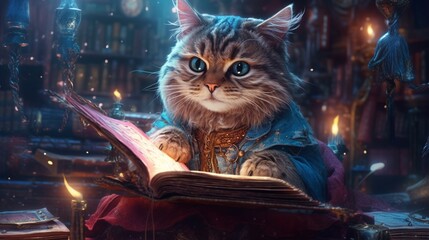 Cat wizard casting spell illustration. Generative AI
