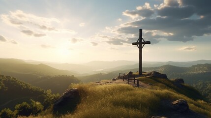 Christian catholic cross on the hills. Generative AI
