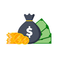 Bag with money - vector sack with dollar symbol. Golden coins and green banknotes. Flat vector illustration.