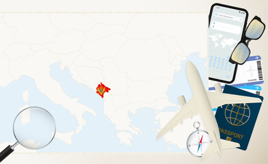 Montenegro map and flag, cargo plane on the detailed map of Montenegro with flag.