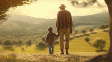 Grandfather and grandson together at outdoors. Generative AI