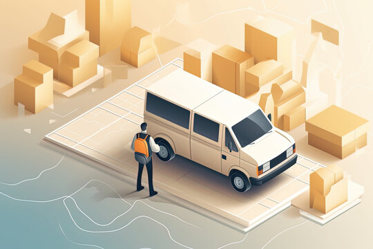Flat delivery truck with man is carrying parcels on points, Delivery service on mobile application, Transportation delivery by truck or scooter, 3d illustration, Generative Ai