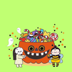 Obraz premium Happy Halloween collection with Pumpkins, cute childish ghosts, bat and magic Ideal for cards, poster, prints, anniversary