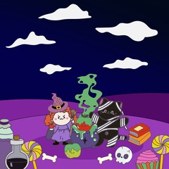 Naklejka premium Happy Halloween collection with Pumpkins, cute childish ghosts, bat and magic Ideal for cards, poster, prints, anniversary