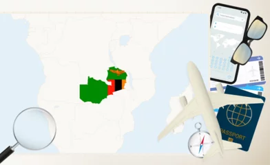 Foto op Aluminium Zambia map and flag, cargo plane on the detailed map of Zambia with flag. © boldg