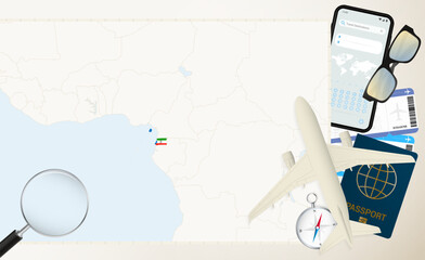 Equatorial Guinea map and flag, cargo plane on the detailed map of Equatorial Guinea with flag.