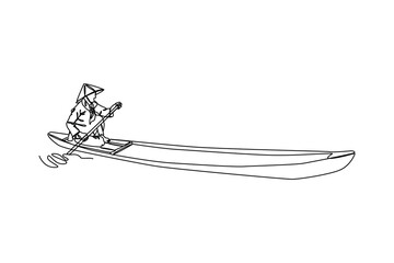 Fisherman. Cartoon people fishing. Fisherman back to home after catch fish with her boat. Vector leisure pastime. Fisherman minimalist concept.