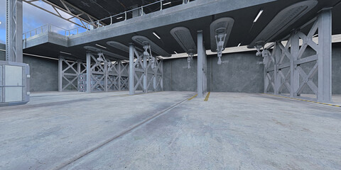 industrial, warehouse, repair, shop, repair shop, futuristic, modern, concrete, hall, hangar, cgi environment