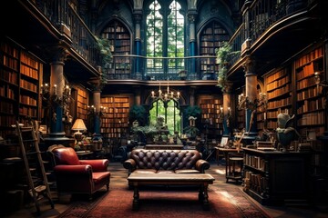 Charming Antique Library or Bookstore Overflowing with Books. Generative AI