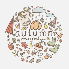 Autumn. Vector doodle illustration with lettering in a circle. Autumn mood. Isolated on light background.