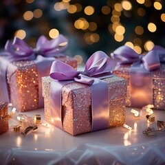 merry Christmas Joyful gift boxes with bokeh background