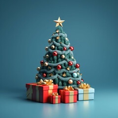 Fototapeta na wymiar Minimal 3D Render Merry Christmas Tree and Gifts