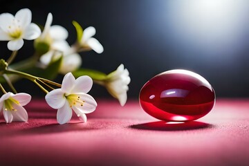 Fototapeta na wymiar photoshot, red ruby shining, and white jasmine on black table, hyper-realistic, pop color.