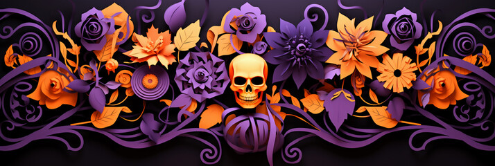 paper cut style Halloween banner with pumpkin jack o lantern and flowers in orange and purple color, AI generated