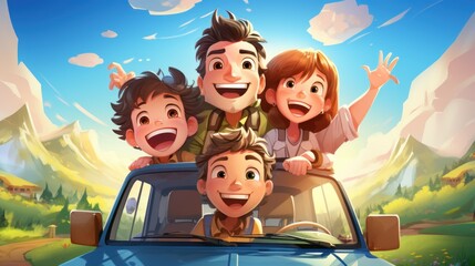 3d rendering of summer trip vector illustration space for your text Family with dogs on vacation. Traveling to camping, tourism concept.