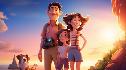 3d rendering of summer trip vector illustration space for your text Family with dogs on vacation. Traveling to camping, tourism concept.