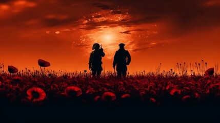 Remembrance Day. Silhouettes of soldiers at poppy field. Generative AI