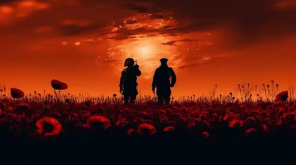 Photo sur Plexiglas Brique Remembrance Day. Silhouettes of soldiers at poppy field. Generative AI