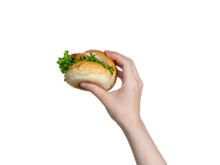 手に持ったハンバーガー