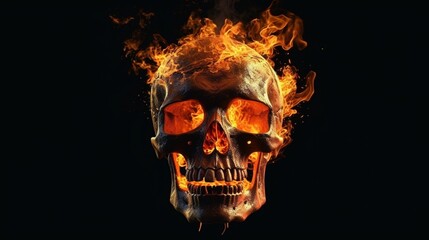 Skull on fire isolated in black background. Generative AI
