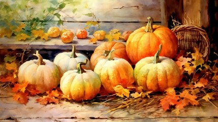 Watercolor pumpkins and leaves painting. Generative AI