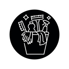 Bucket with cleaning supplies black line icon. Cleaning company