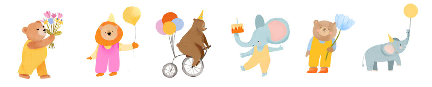 Birthday animal set.  Cute little lion, bears, elephants with balloons, Watercolor. Party funny animal character illustrations for greeting card, invitation, banner, poster, textile, postcard