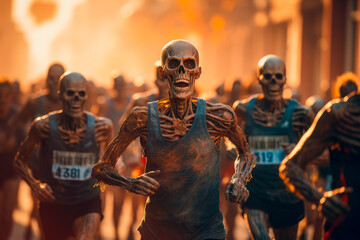 Fototapeta na wymiar Human skeletons running in a running race.AI generated.