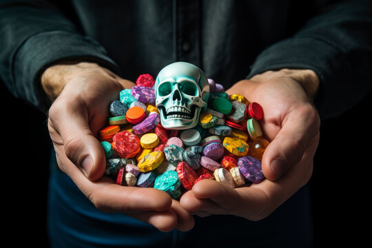 Hands full of different types of drugs. AI generated.
