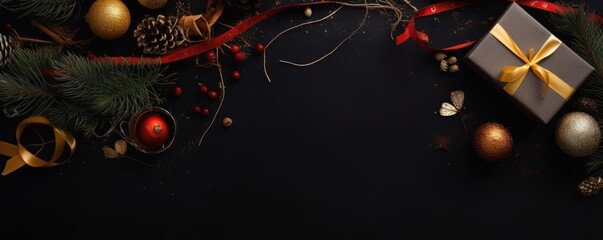 Banner top view christmas dark black background with beautiful texture. Ai generative.
