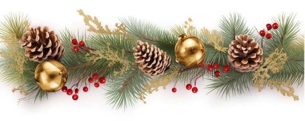 Fir green branches are decorated with gold stars, fir cones and red berries. Ai generative.