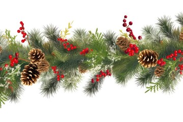 Fototapeta na wymiar Fir green branches are decorated with gold stars, fir cones and red berries. Ai generative.