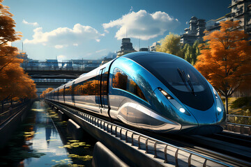 Naklejka premium A high speed metro train cruising through an urban city at a high speed, Generative AI